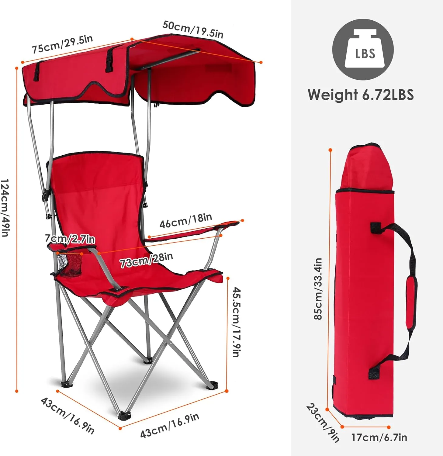 Camping Chair with Canopy - Heavy Duty Max Shade Oversized Folding Chair with Cup Holder, Sun Protection Portable Outdoor Lounge for Beach, Fishing, Sports, Backyard (Red)