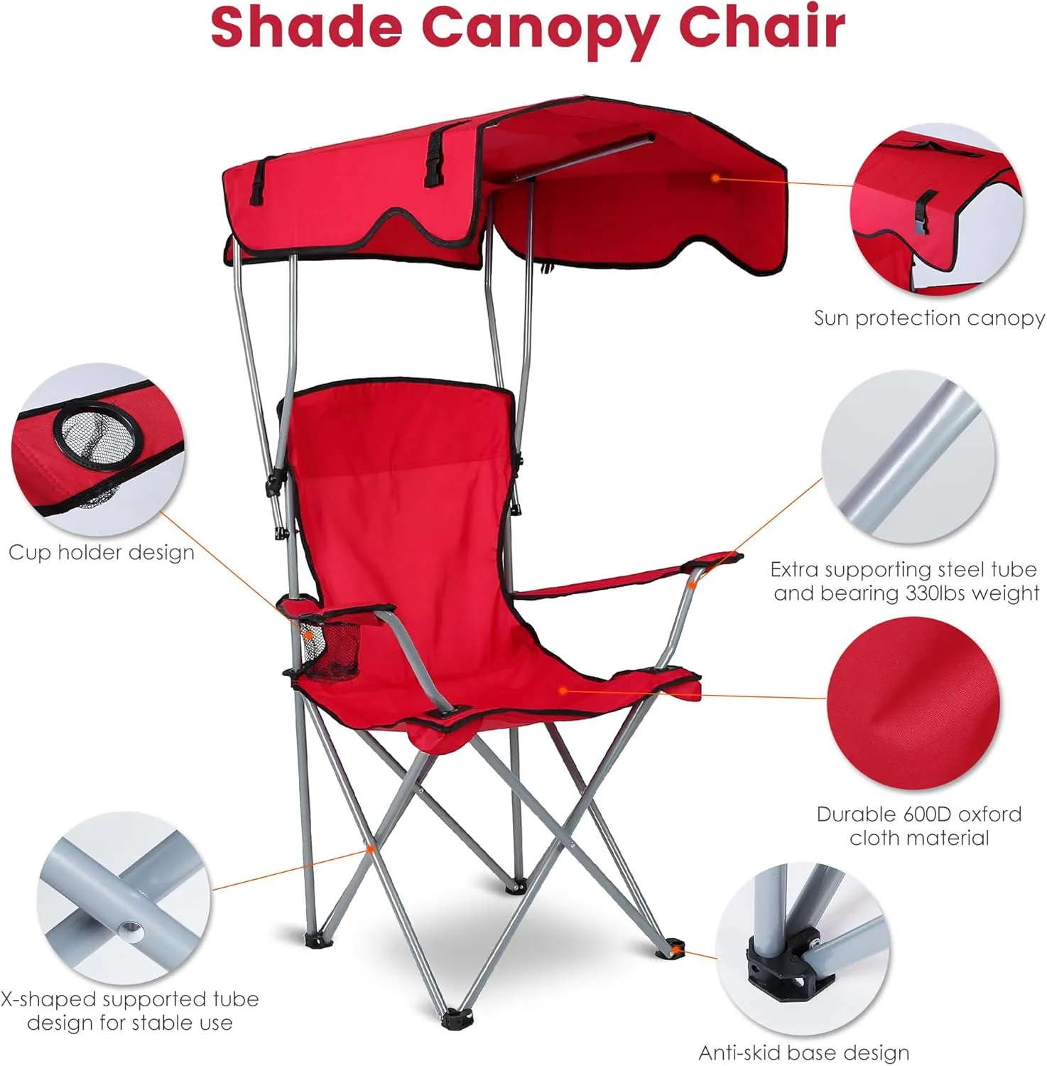 Camping Chair with Canopy - Heavy Duty Max Shade Oversized Folding Chair with Cup Holder, Sun Protection Portable Outdoor Lounge for Beach, Fishing, Sports, Backyard (Red)