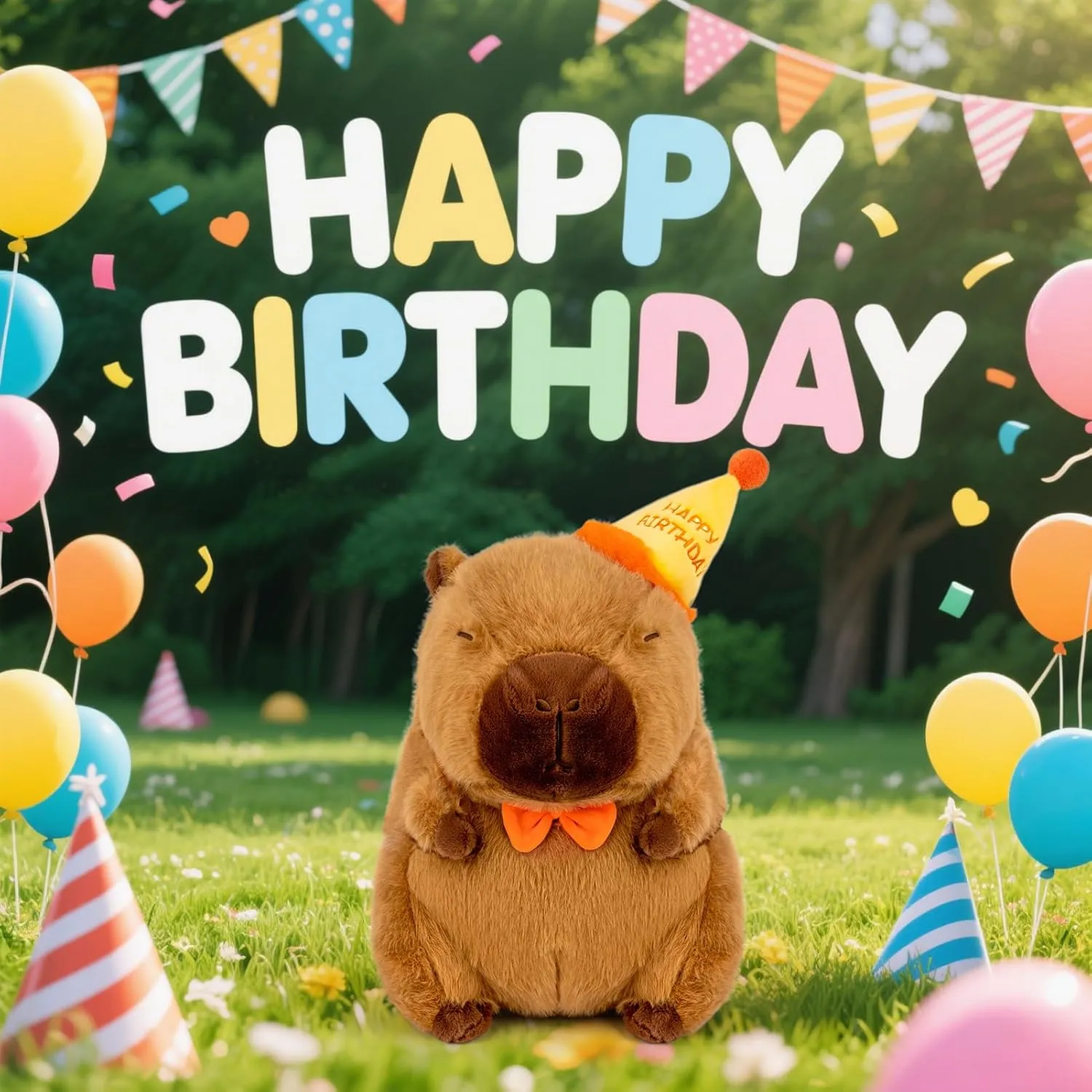 Capybara Plush with Happy Birthday Hat Bow Soft Capibara Stuffed Animal Plushies Toys for Birthday Gifts Party Decoration for Kids Brown 13 inch
