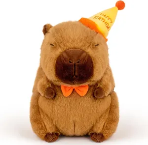 Capybara Plush with Happy Birthday Hat Bow Soft Capibara Stuffed Animal Plushies Toys for Birthday Gifts Party Decoration for Kids Brown 13 inch