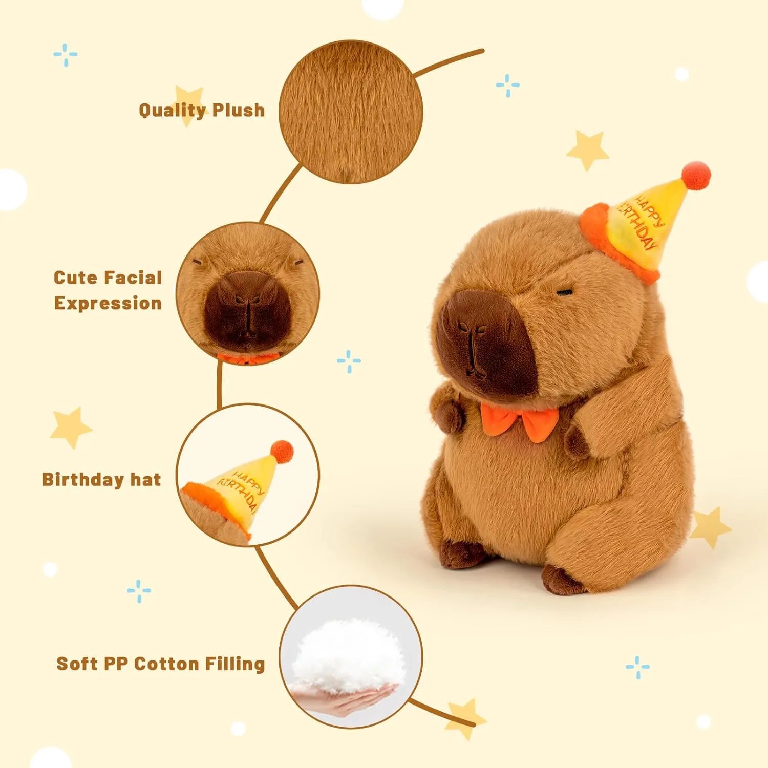 Capybara Plush with Happy Birthday Hat Bow Soft Capibara Stuffed Animal Plushies Toys for Birthday Gifts Party Decoration for Kids Brown 13 inch