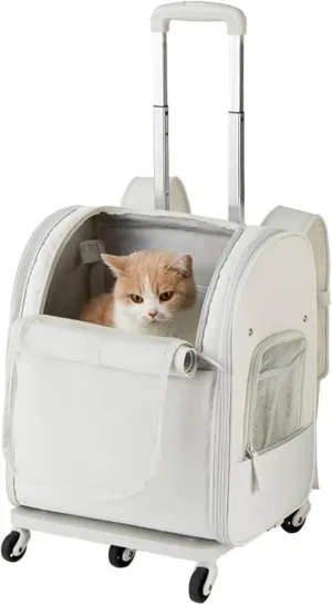 Cat Dog Carrier Backpacks with Wheels, Pet Backpack Travel Carrier with Telescopic Handle and Detachable Rod Platform, Foldable Pet Carrier, Breathable Pet Trolley Bag,Gray