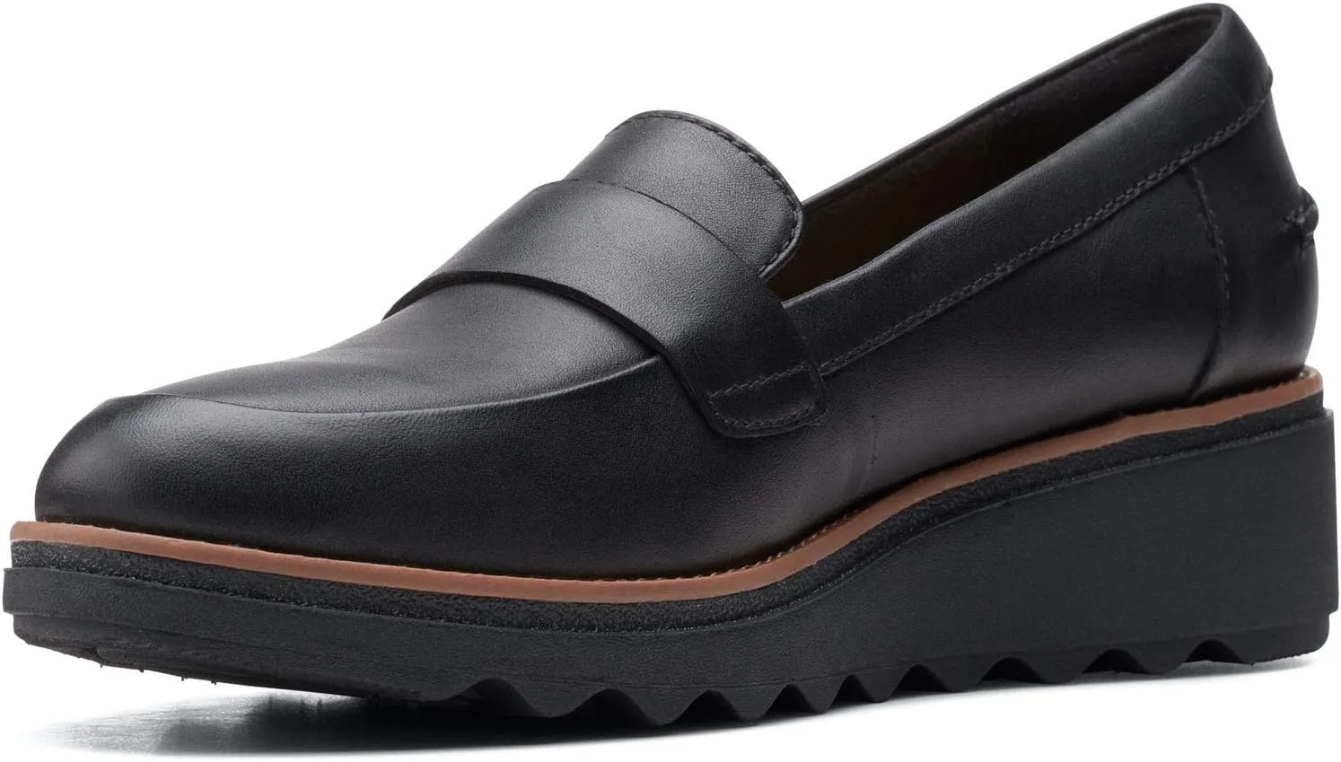 Clarks womens Sharon Gracie Penny Loafer, Black Leather With Dark Tan Welt, 6 US
