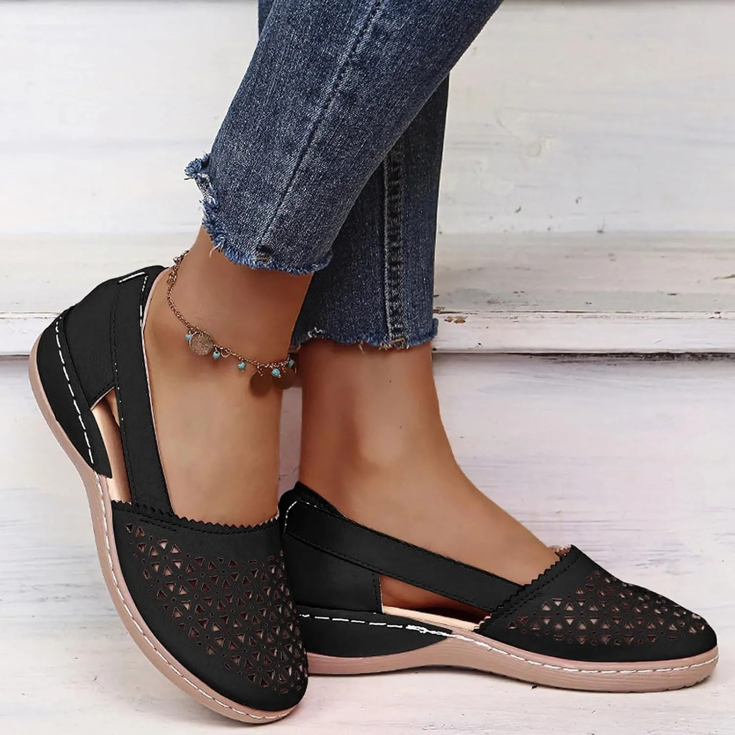 Closed Toe Sandals Women Dressy Heel 2025 Orthopedic Loafers in Breathable soft sole Comfort Hollow Flats Summer Casual Slip On Shoes