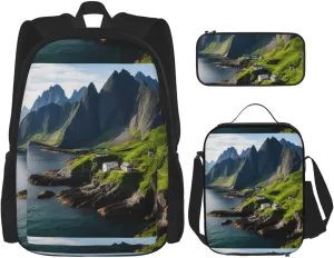 Coast Kauai Mountain Cliff Print Unisex Stylish Travel Backpack Set With Insulated Lunch Bag,Adjustable Straps