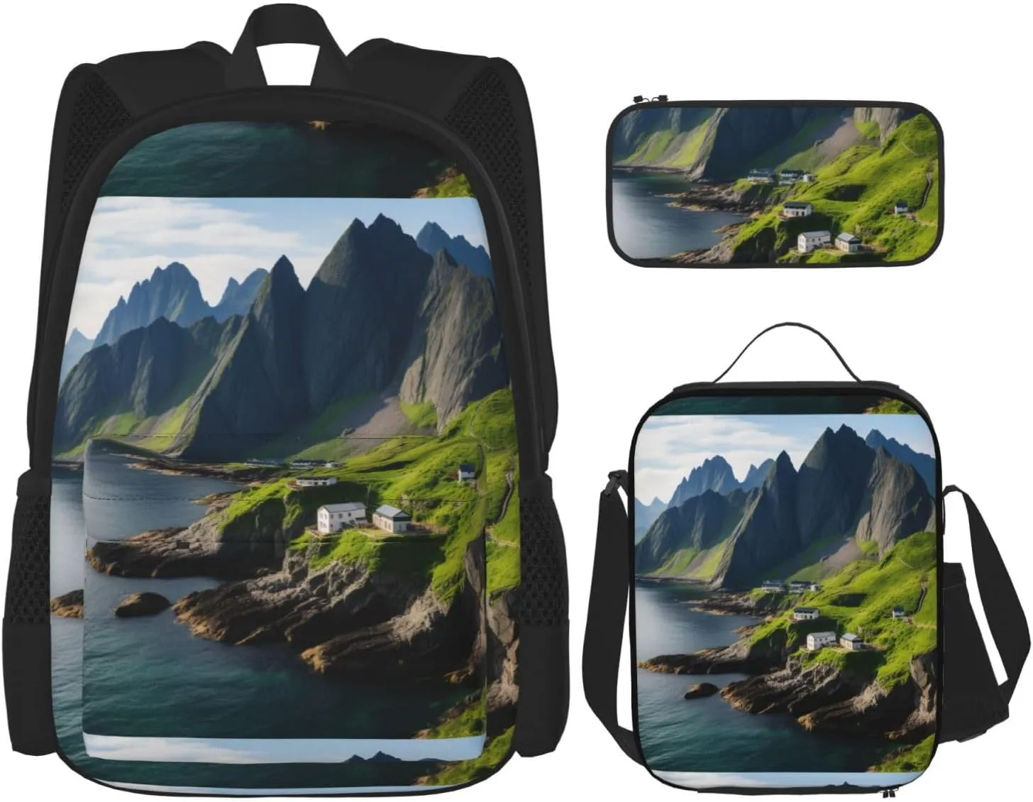 Coast Kauai Mountain Cliff Print Unisex Stylish Travel Backpack Set With Insulated Lunch Bag,Adjustable Straps