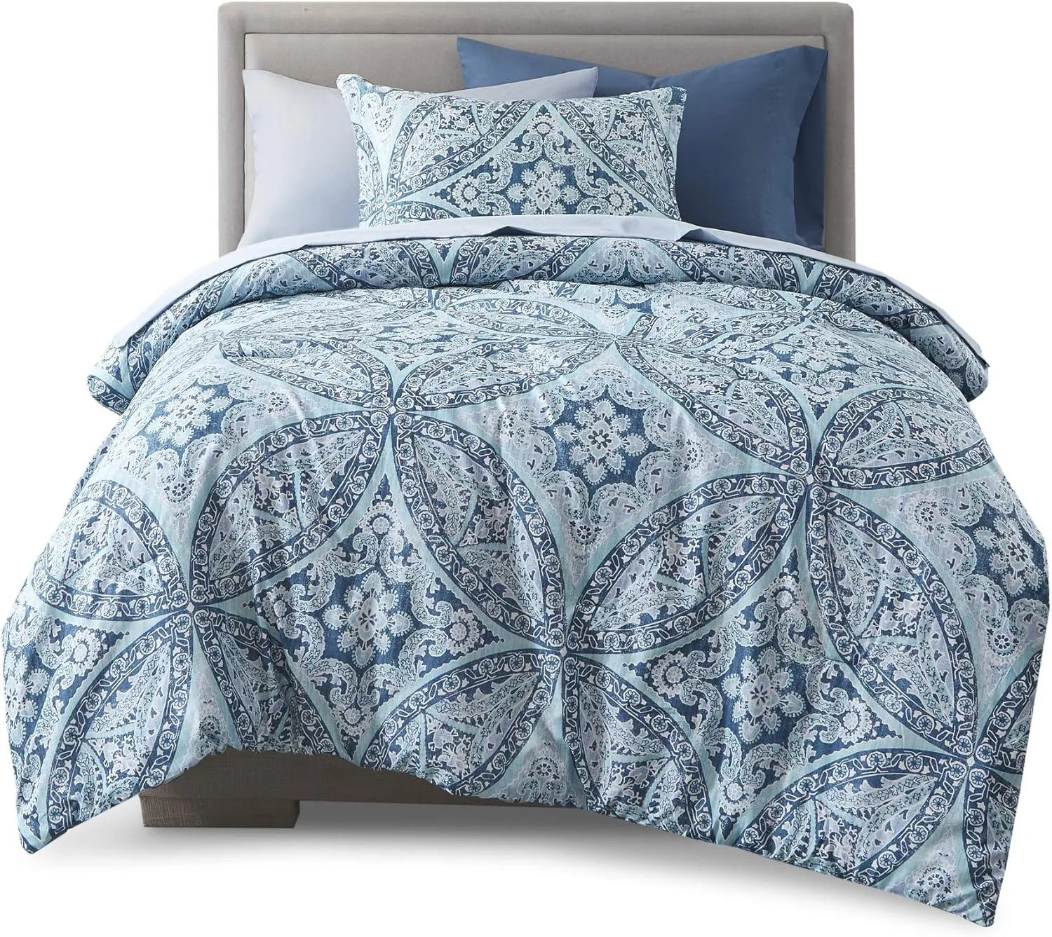 Comfort Spaces Bed in A Bag - Trendy Casual Design Cozy Comforter with Complete Sheet Set with Side Pocket, All Season Cover, Matching Shams, Twin(66"x90"), Gloria, Damask Blue 6 Piece