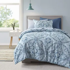 Comfort Spaces Bed in A Bag - Trendy Casual Design Cozy Comforter with Complete Sheet Set with Side Pocket, All Season Cover, Matching Shams, Twin(66"x90"), Gloria, Damask Blue 6 Piece
