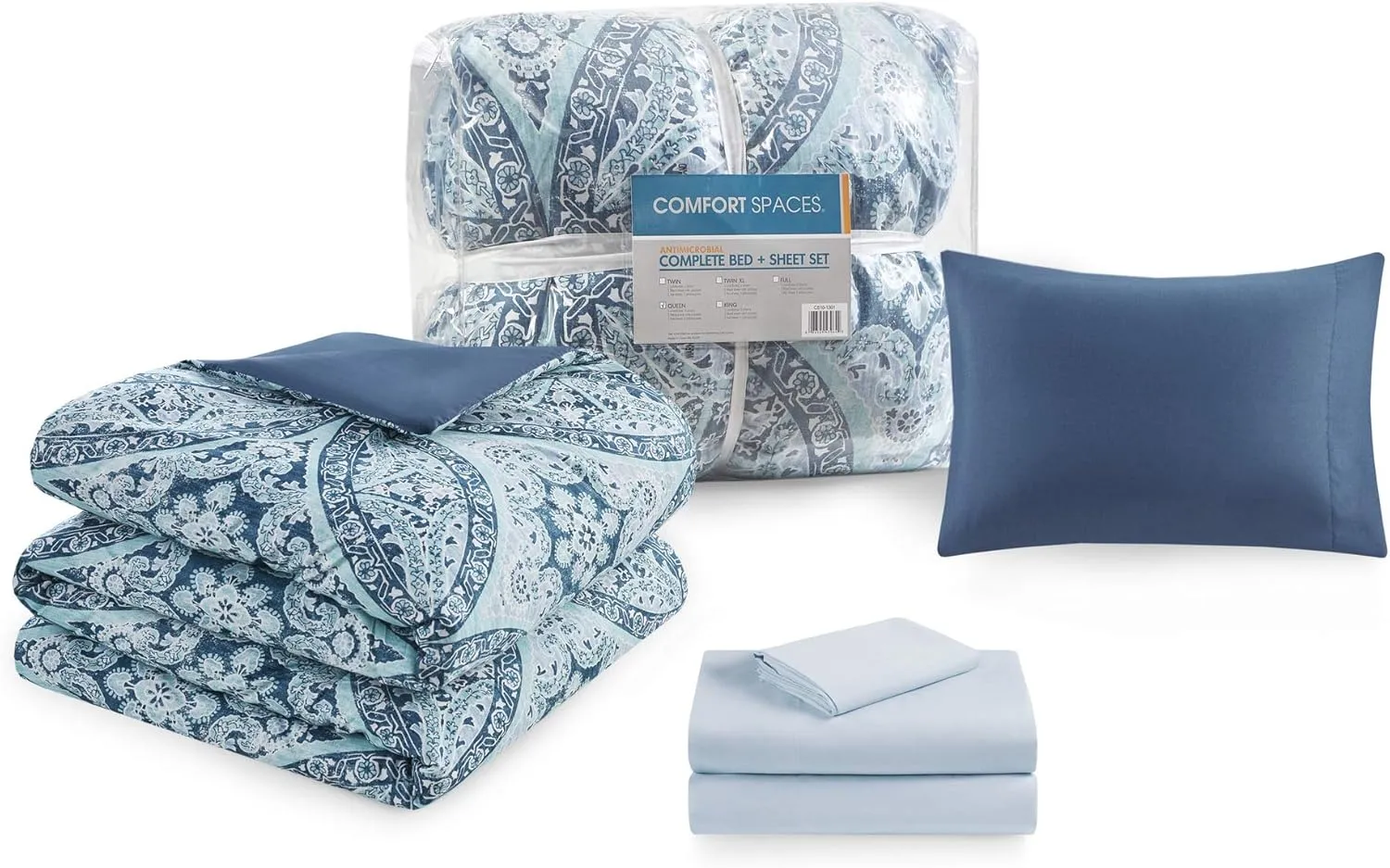 Comfort Spaces Bed in A Bag - Trendy Casual Design Cozy Comforter with Complete Sheet Set with Side Pocket, All Season Cover, Matching Shams, Twin(66"x90"), Gloria, Damask Blue 6 Piece