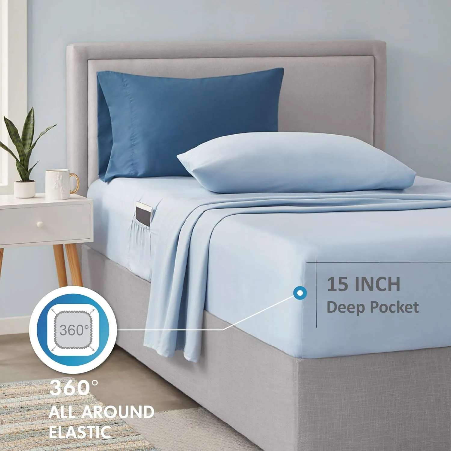 Comfort Spaces Bed in A Bag - Trendy Casual Design Cozy Comforter with Complete Sheet Set with Side Pocket, All Season Cover, Matching Shams, Twin(66"x90"), Gloria, Damask Blue 6 Piece