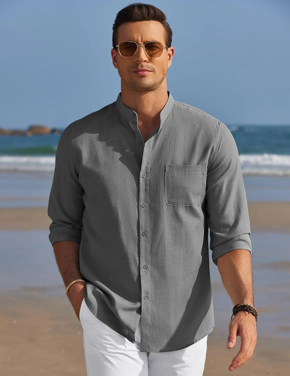 COOFANDY Men's Long Sleeve Linen Shirt Band Collar Button Down Shirts Oxford Dress Shirt