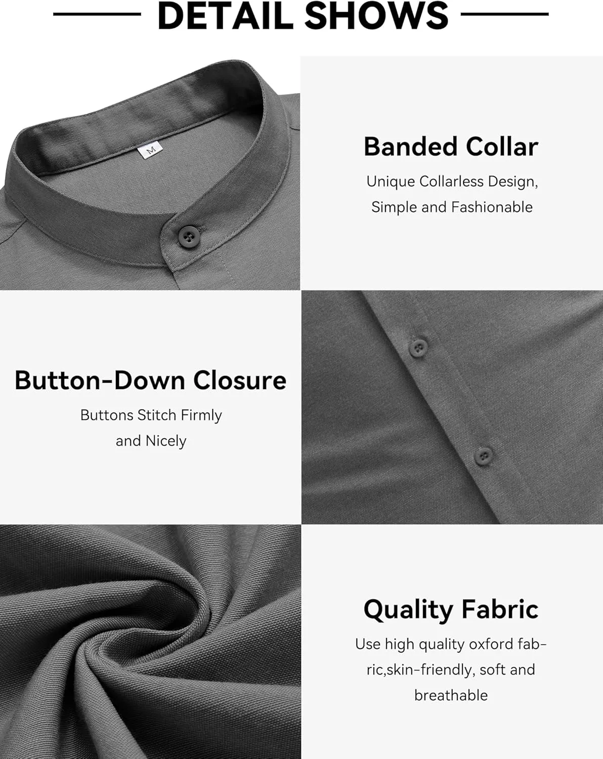 COOFANDY Men's Long Sleeve Linen Shirt Band Collar Button Down Shirts Oxford Dress Shirt
