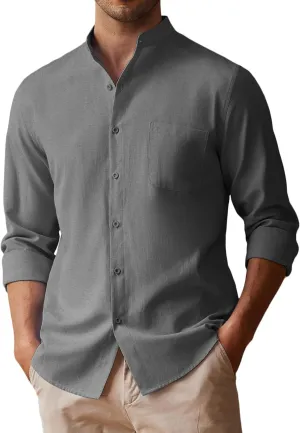 COOFANDY Men's Long Sleeve Linen Shirt Band Collar Button Down Shirts Oxford Dress Shirt