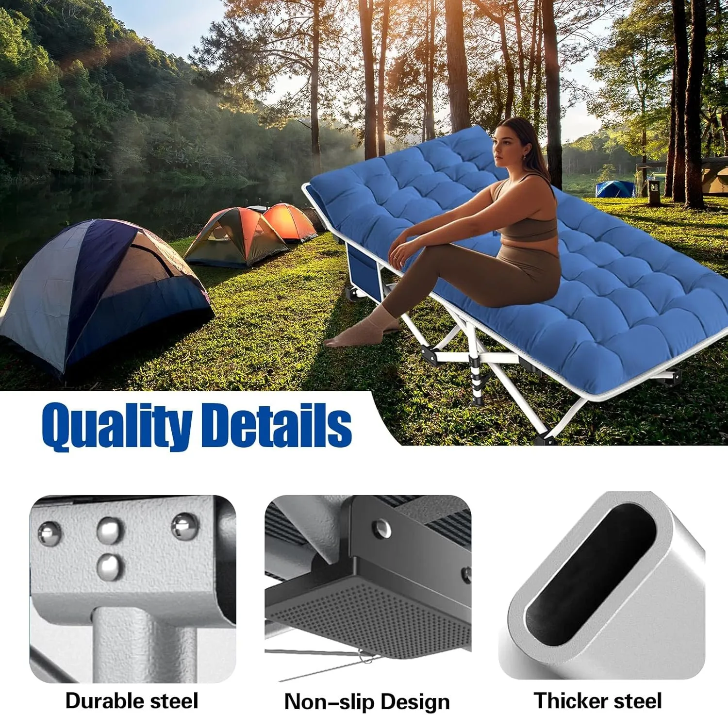 Cot Camping Cot with Thick Pad Cots for Sleeping Camping Bed Folding Cot 450LBS(Max Load) Comfortable Double Layer Oxford Heavy Duty with Carry Bag for Home Outdoor Travel
