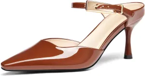 Coutgo Womens High Heels Mules Closed Pointed Toe Kitten Heel Pumps Ankle Buckle Strap Slip On Backless Dress Shoes