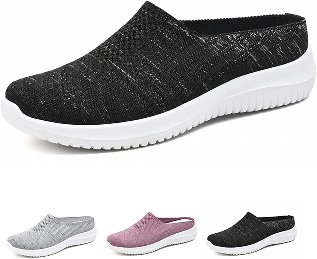 Cubicbee Women's Knitted Slip On Lightweight Mule Sneakers,Comfort Open Back Flats Fashion Mesh Breathe Loafer Closed Round Toe Low Top Walking Shoes