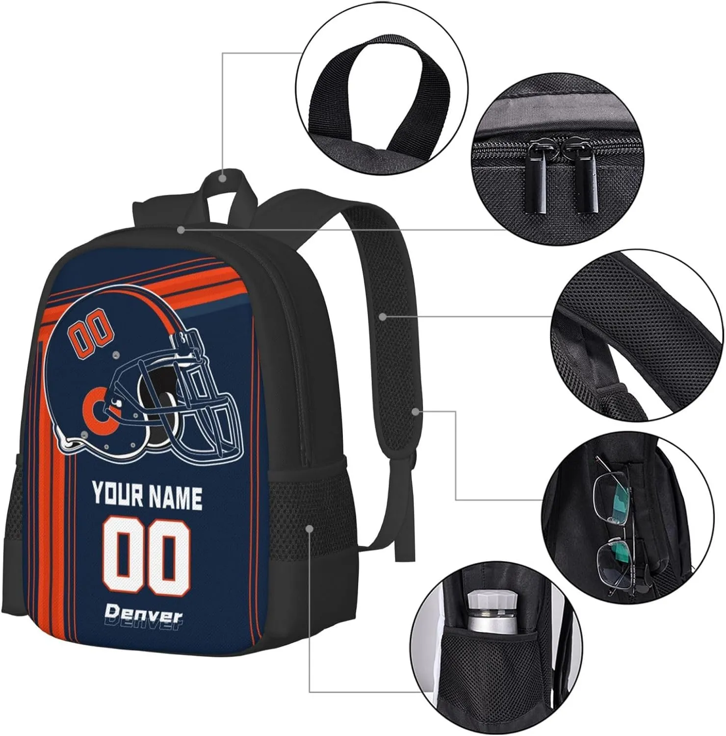 Custom Denver Backpack Personalized Name Number, Customize High Capacity Bookbag 17 Inch Laptop Bag Travel Backpack Gifts for Men Women Boys