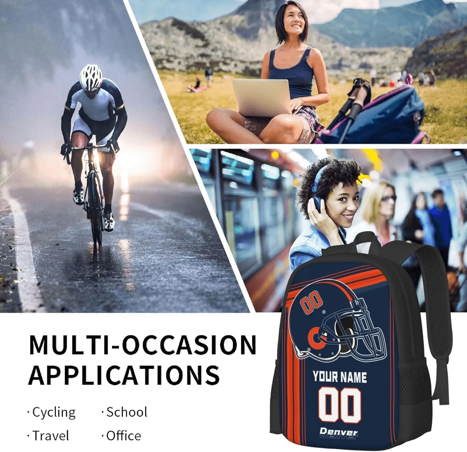 Custom Denver Backpack Personalized Name Number, Customize High Capacity Bookbag 17 Inch Laptop Bag Travel Backpack Gifts for Men Women Boys