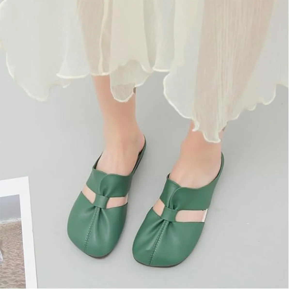 Cut Out Design Flat Mules, Women's Round Toe Mules,Flat Mules with Bow,Women's Hollow Out Flats Mules