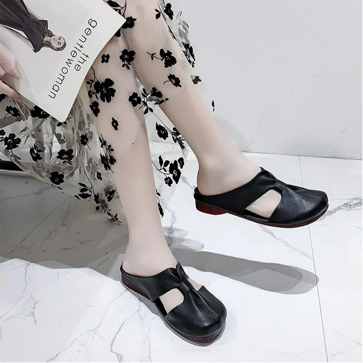 Cut Out Design Flat Mules, Women's Round Toe Mules,Flat Mules with Bow,Women's Hollow Out Flats Mules