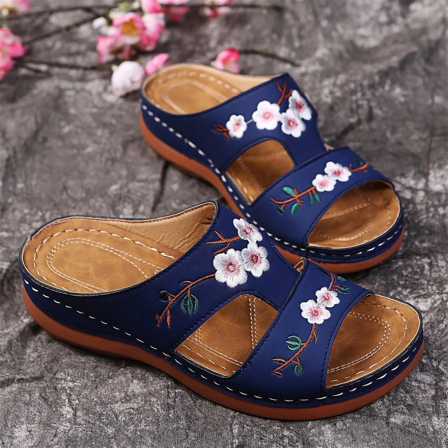 DOIX Garden Loafer Flat Shoes for Women Flowers Embroidered Slip on Mules Driving Shoes Lightweight Breathable Backless Slides Slippers Comfortable Walking Shoes,Blue,US4/EU35