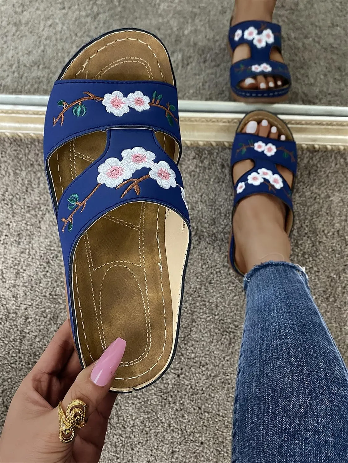 DOIX Garden Loafer Flat Shoes for Women Flowers Embroidered Slip on Mules Driving Shoes Lightweight Breathable Backless Slides Slippers Comfortable Walking Shoes,Blue,US4/EU35