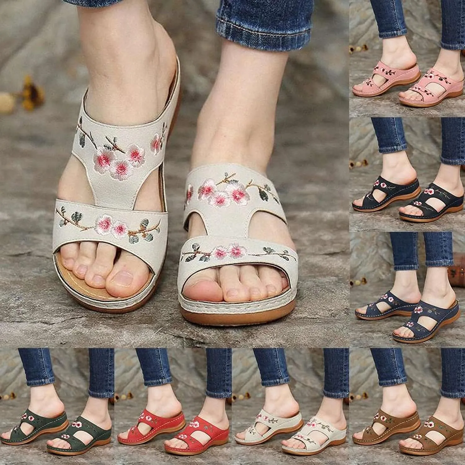 DOIX Garden Loafer Flat Shoes for Women Flowers Embroidered Slip on Mules Driving Shoes Lightweight Breathable Backless Slides Slippers Comfortable Walking Shoes,Blue,US4/EU35