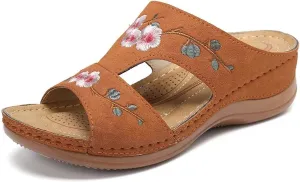 DOIX Women's Summer Clogs Mules Open Toe Sandals with Flower Embroidered Anti Slip Wedge Loafer Slippers Ladies Slip on Sandals Backless Garden Beach Shoes,Brown,US11/EU42
