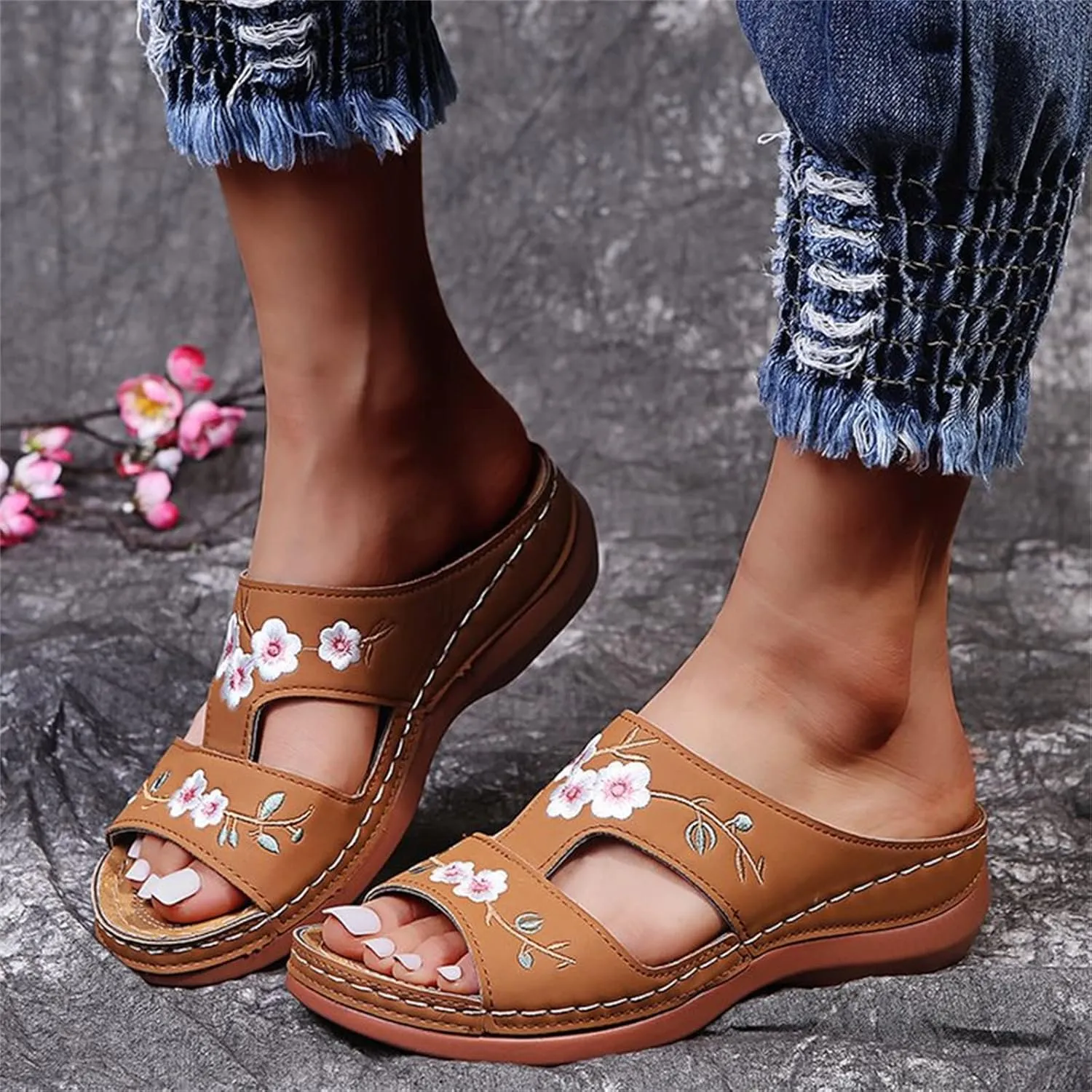 DOIX Women's Summer Clogs Mules Open Toe Sandals with Flower Embroidered Anti Slip Wedge Loafer Slippers Ladies Slip on Sandals Backless Garden Beach Shoes,Brown,US11/EU42