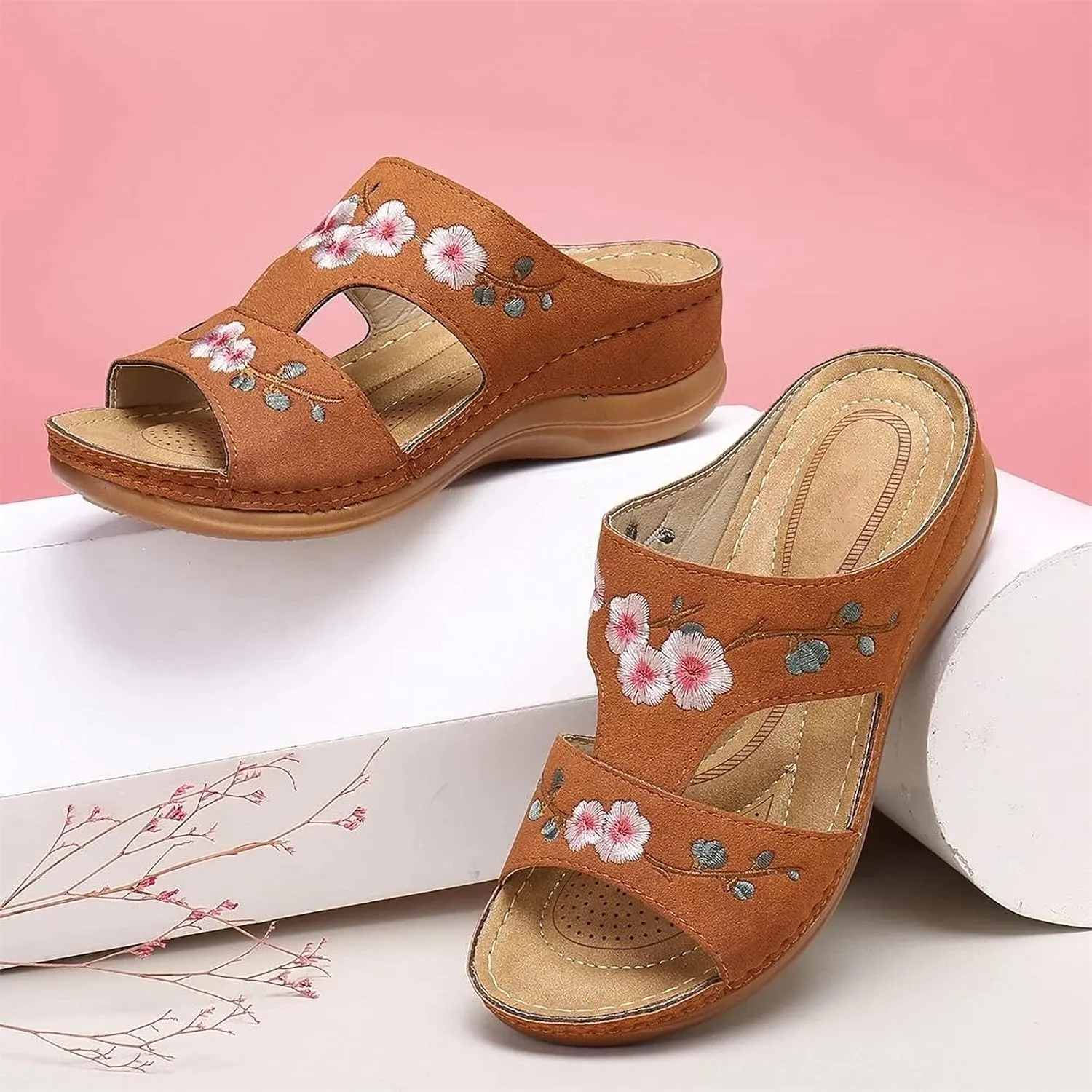 DOIX Women's Summer Clogs Mules Open Toe Sandals with Flower Embroidered Anti Slip Wedge Loafer Slippers Ladies Slip on Sandals Backless Garden Beach Shoes,Brown,US11/EU42