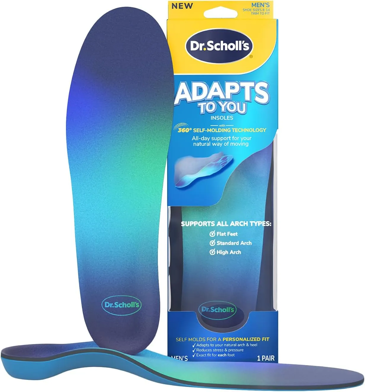 Dr. Scholl’s Adapts to You Insoles for Men, with Self-Molding Foam Technology – Clinically Proven to Adapt to Your Feet, Flexible Arch Support Inserts, Shock-Absorbing, Podiatrist-Tested, Size 8-14