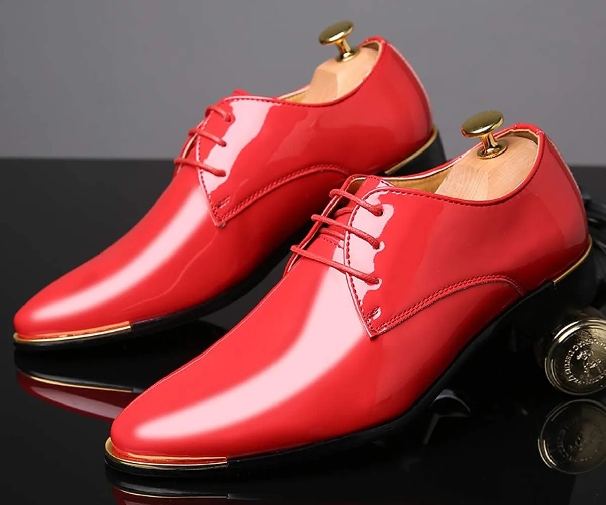 Dress Shoes Men Classic Pointed-Toe Patent Leather Lace-up Formal Oxford Shoes Black Brown Red Grey
