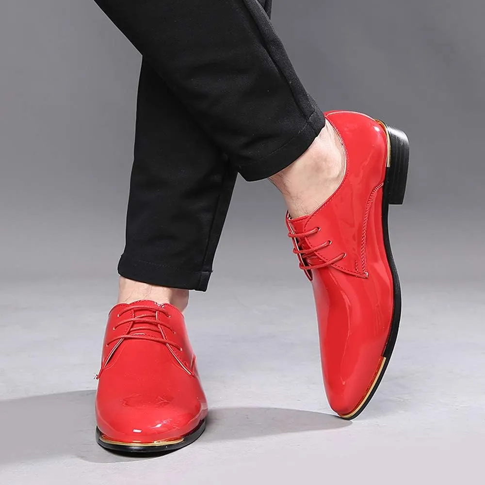 Dress Shoes Men Classic Pointed-Toe Patent Leather Lace-up Formal Oxford Shoes Black Brown Red Grey
