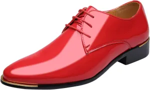 Dress Shoes Men Classic Pointed-Toe Patent Leather Lace-up Formal Oxford Shoes Black Brown Red Grey