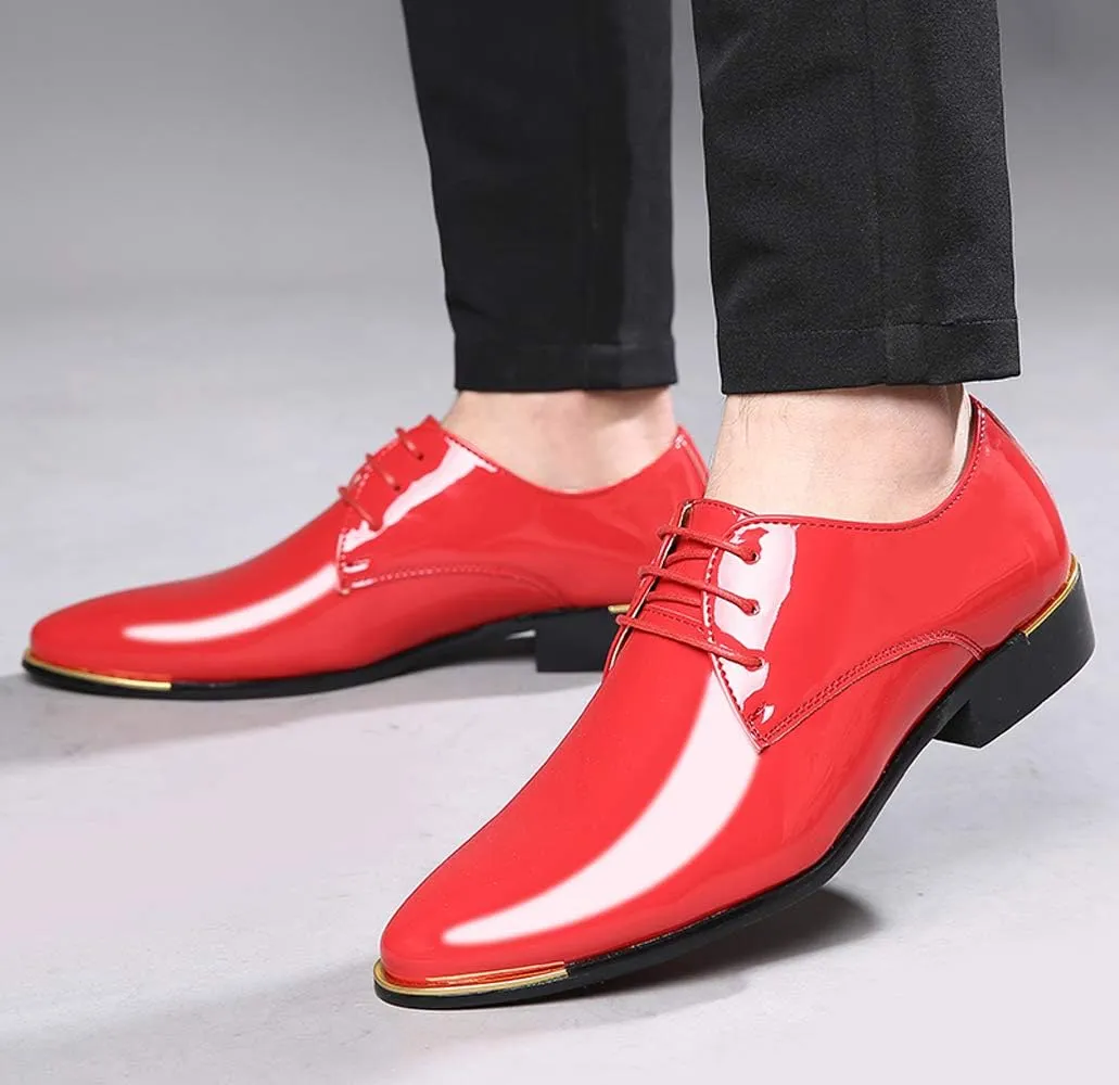 Dress Shoes Men Classic Pointed-Toe Patent Leather Lace-up Formal Oxford Shoes Black Brown Red Grey