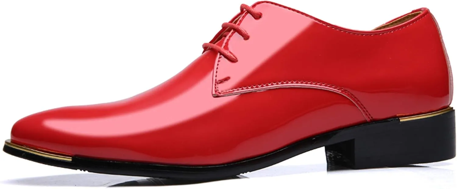 Dress Shoes Men Classic Pointed-Toe Patent Leather Lace-up Formal Oxford Shoes Black Brown Red Grey