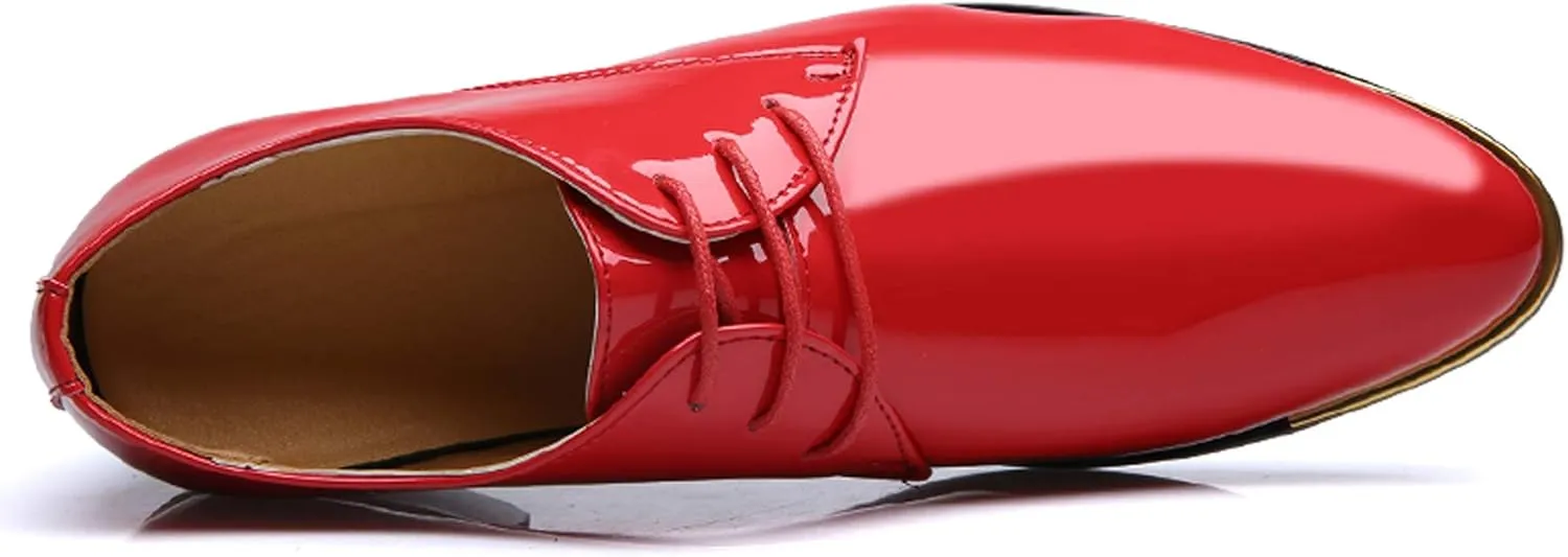 Dress Shoes Men Classic Pointed-Toe Patent Leather Lace-up Formal Oxford Shoes Black Brown Red Grey
