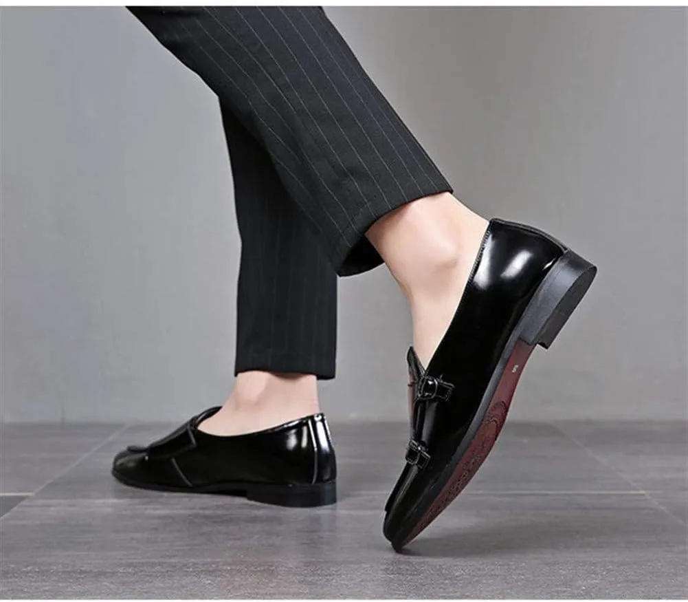 Driving Loafer for Men Walking Shoes Slip on Microfiber Leather Pointed Toe Monk Strap Anti Slip with Texture Patent Block Heel