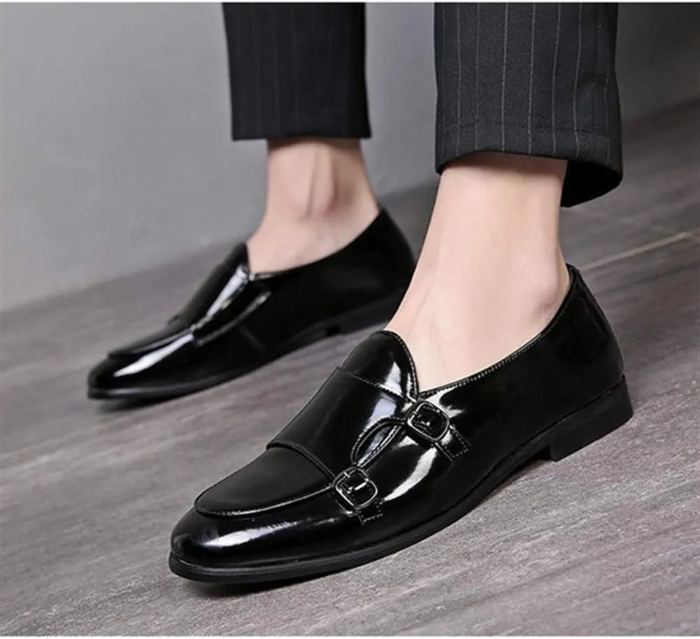 Driving Loafer for Men Walking Shoes Slip on Microfiber Leather Pointed Toe Monk Strap Anti Slip with Texture Patent Block Heel