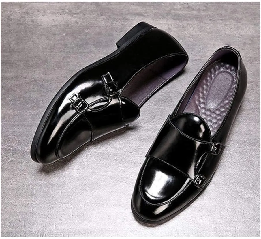 Driving Loafer for Men Walking Shoes Slip on Microfiber Leather Pointed Toe Monk Strap Anti Slip with Texture Patent Block Heel