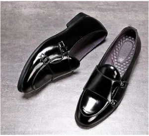 Driving Loafer for Men Walking Shoes Slip on Microfiber Leather Pointed Toe Monk Strap Anti Slip with Texture Patent Block Heel