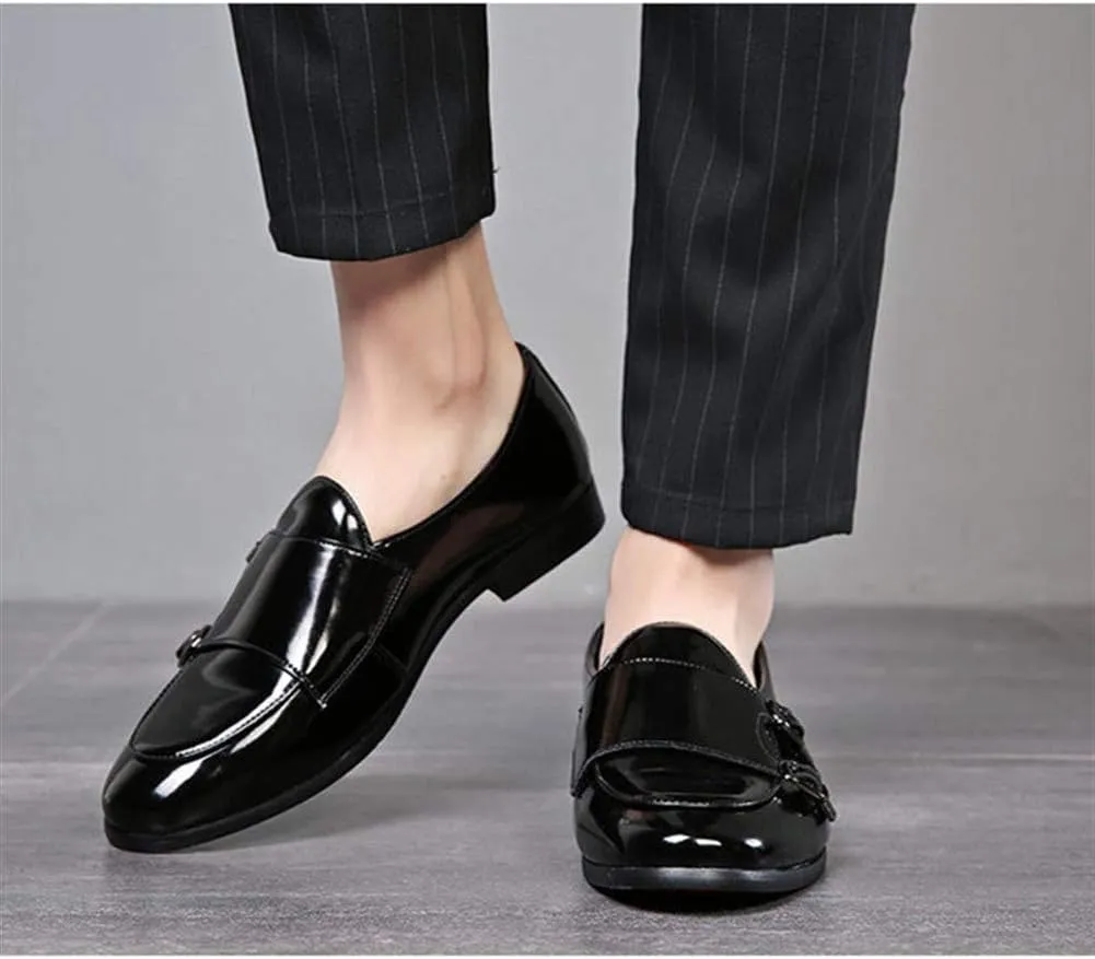 Driving Loafer for Men Walking Shoes Slip on Microfiber Leather Pointed Toe Monk Strap Anti Slip with Texture Patent Block Heel