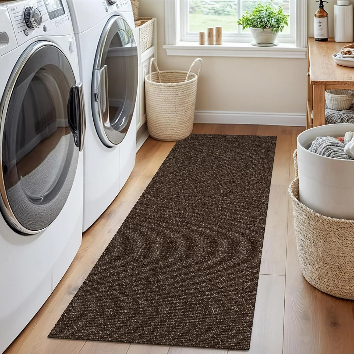 EARTHALL Woven Runner Rug 2x5 Ft Washable Runners for Hallways Cotton Rubber Backed Kitchen Runner Braided Indoor Floor Carpet Runners for Entryway, Hallway, Kitchen, Bedroom, Dark Coffee