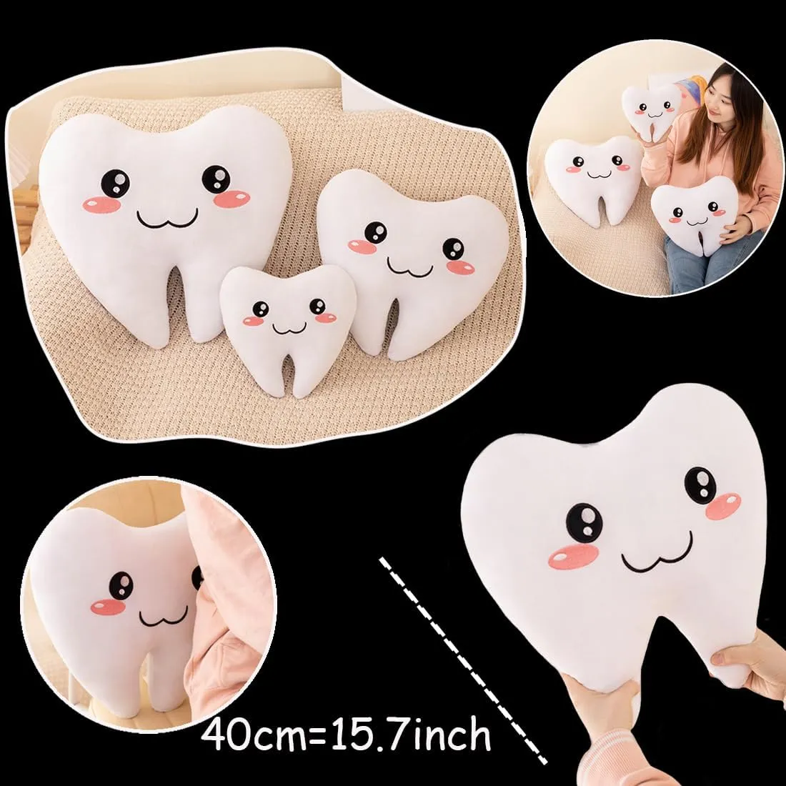 ELAINREN Lifelike 3D Teeth Plush Pillow Ultra-Soft Tooth Stuffed Toy Fluffy Teeth Plushie Cushion Decor Gifts/15.7''