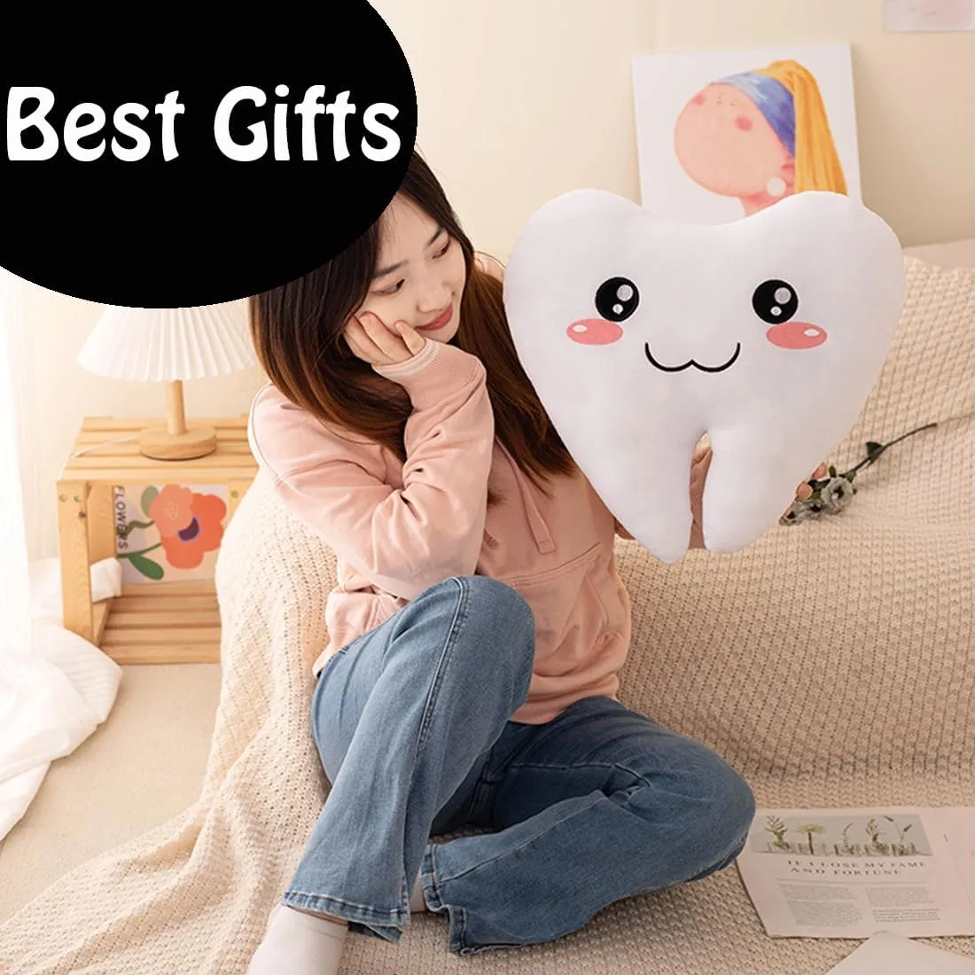 ELAINREN Lifelike 3D Teeth Plush Pillow Ultra-Soft Tooth Stuffed Toy Fluffy Teeth Plushie Cushion Decor Gifts/15.7''