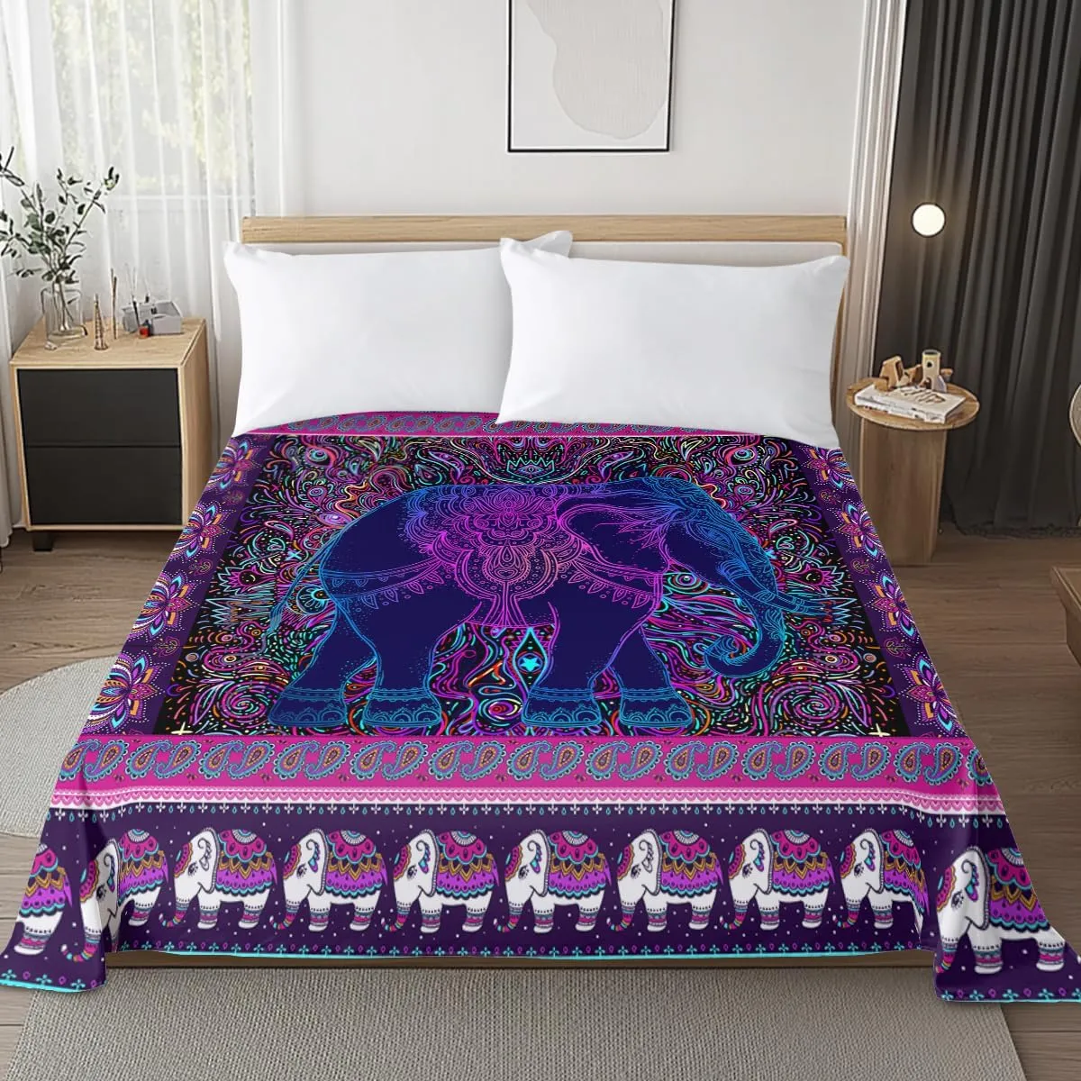 Elephant by Ismot Esha Bedding Flat Sheet Watercolor Elephant Mandala Top Sheet Purple and Blue Boho Elephant Floral Bedding Flat Sheets (Twin)