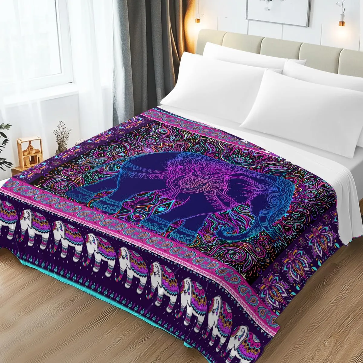 Elephant by Ismot Esha Bedding Flat Sheet Watercolor Elephant Mandala Top Sheet Purple and Blue Boho Elephant Floral Bedding Flat Sheets (Twin)