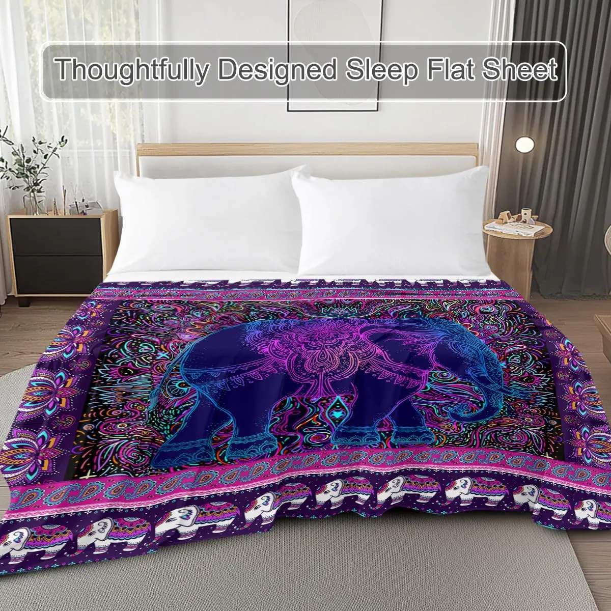 Elephant by Ismot Esha Bedding Flat Sheet Watercolor Elephant Mandala Top Sheet Purple and Blue Boho Elephant Floral Bedding Flat Sheets (Twin)