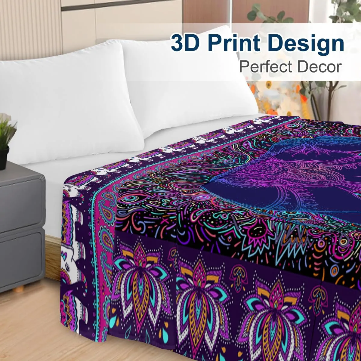 Elephant by Ismot Esha Bedding Flat Sheet Watercolor Elephant Mandala Top Sheet Purple and Blue Boho Elephant Floral Bedding Flat Sheets (Twin)