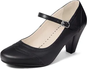 Elerhythm Women's Two Tone Mary Jane Classic and Retro 1920s Pump Heels Oxford Pattern 1950s Vintage Round Closed Toe Ankle Strap Dress Shoes